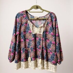 Matilda Jane Floral Print Blouse Large Long Sleeve Lace Trim Bohemian Womens Top